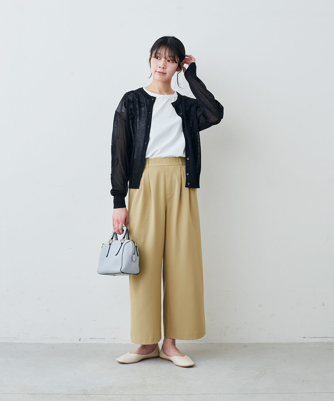 IEDIT|IEDIT[イディット]　接触冷感・吸汗速乾・UVカット スーさらエアノビ 涼やかタックワイドパンツ【まとめ買いキャンペーン】|モデル身長：163cm　着用サイズ：M