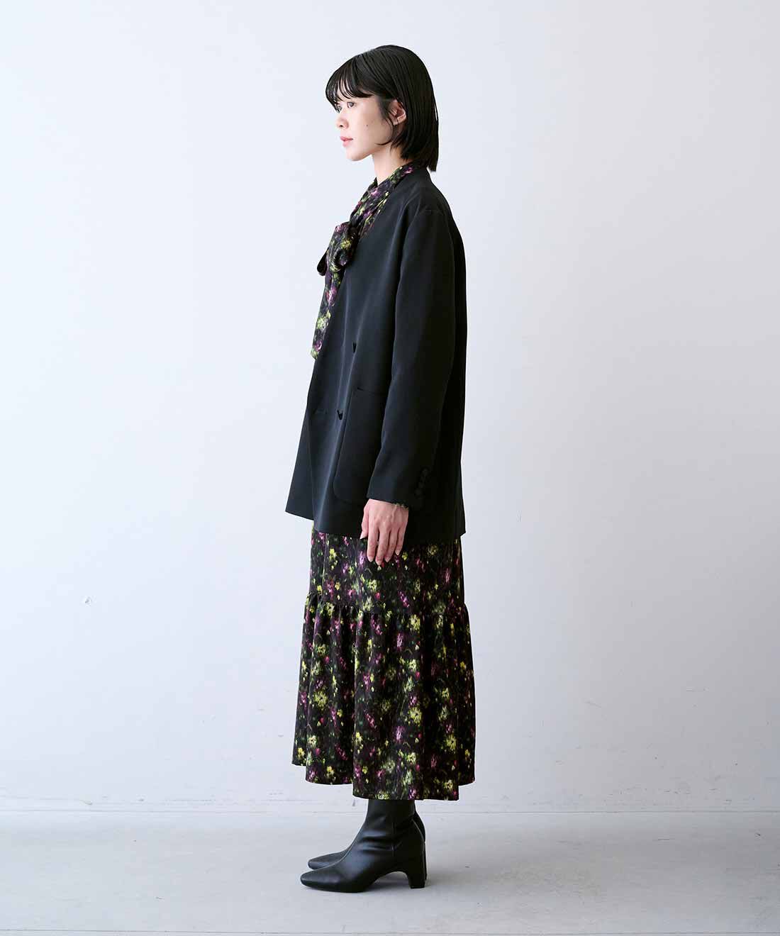 fashion special|MEDE19F マットブラックノーカラージャケット|モデル身長：163cm　着用サイズ：M