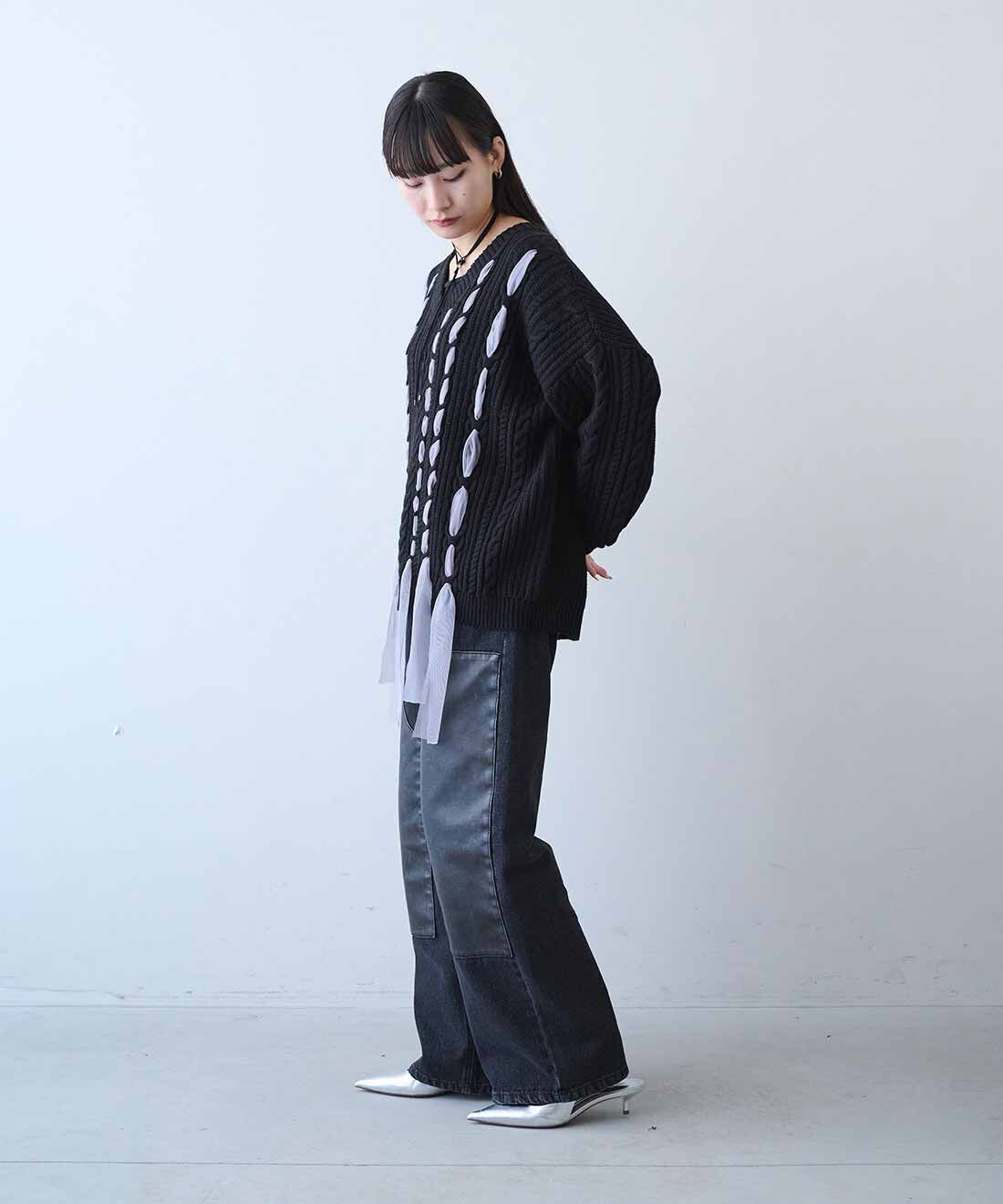 MEDE19F|MEDE19F　リボン遣いケーブルニット|モデル身長：158cm　着用サイズ：M