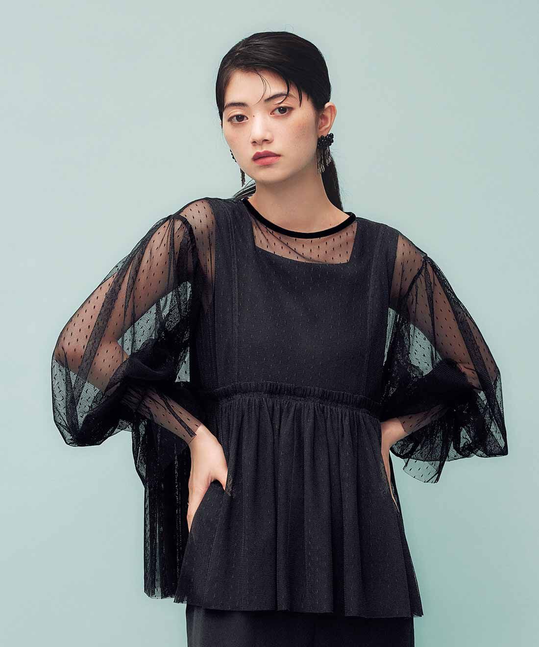 MEDE19F|MEDE19F　贅沢にチュールを重ねたビスチェトップスセット〈ブラック&times;ドット〉