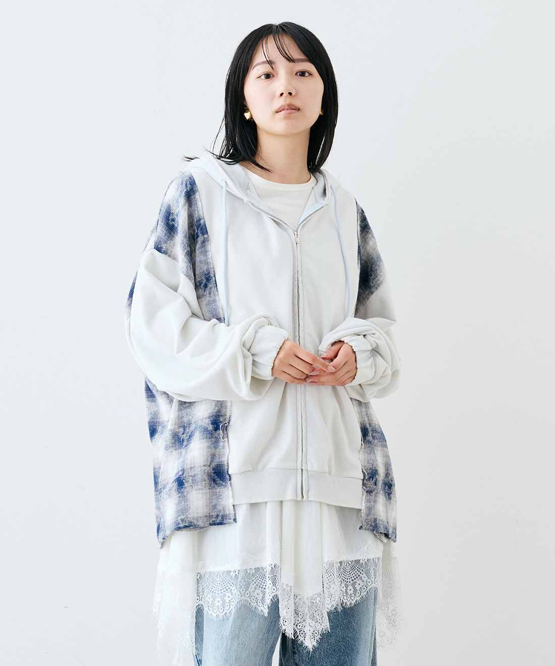MEDE19F|MEDE19F　チェック地と裏毛のリメイクライクフーディー〈ブルーグレー〉