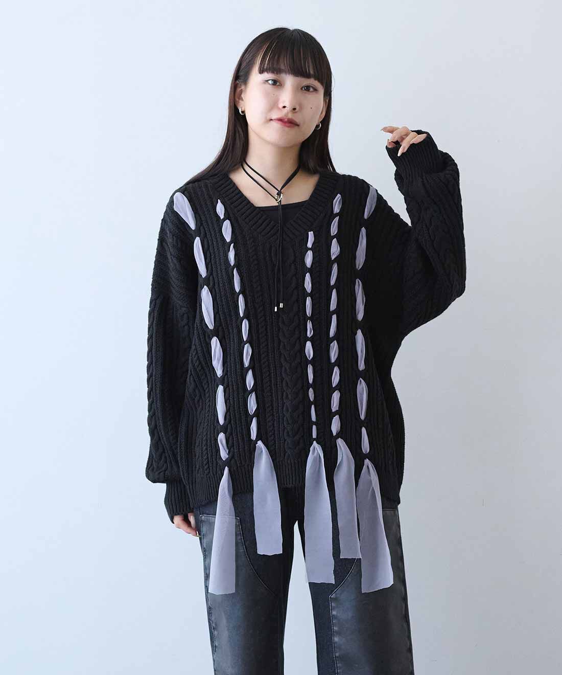 MEDE19F|MEDE19F　リボン遣いケーブルニット