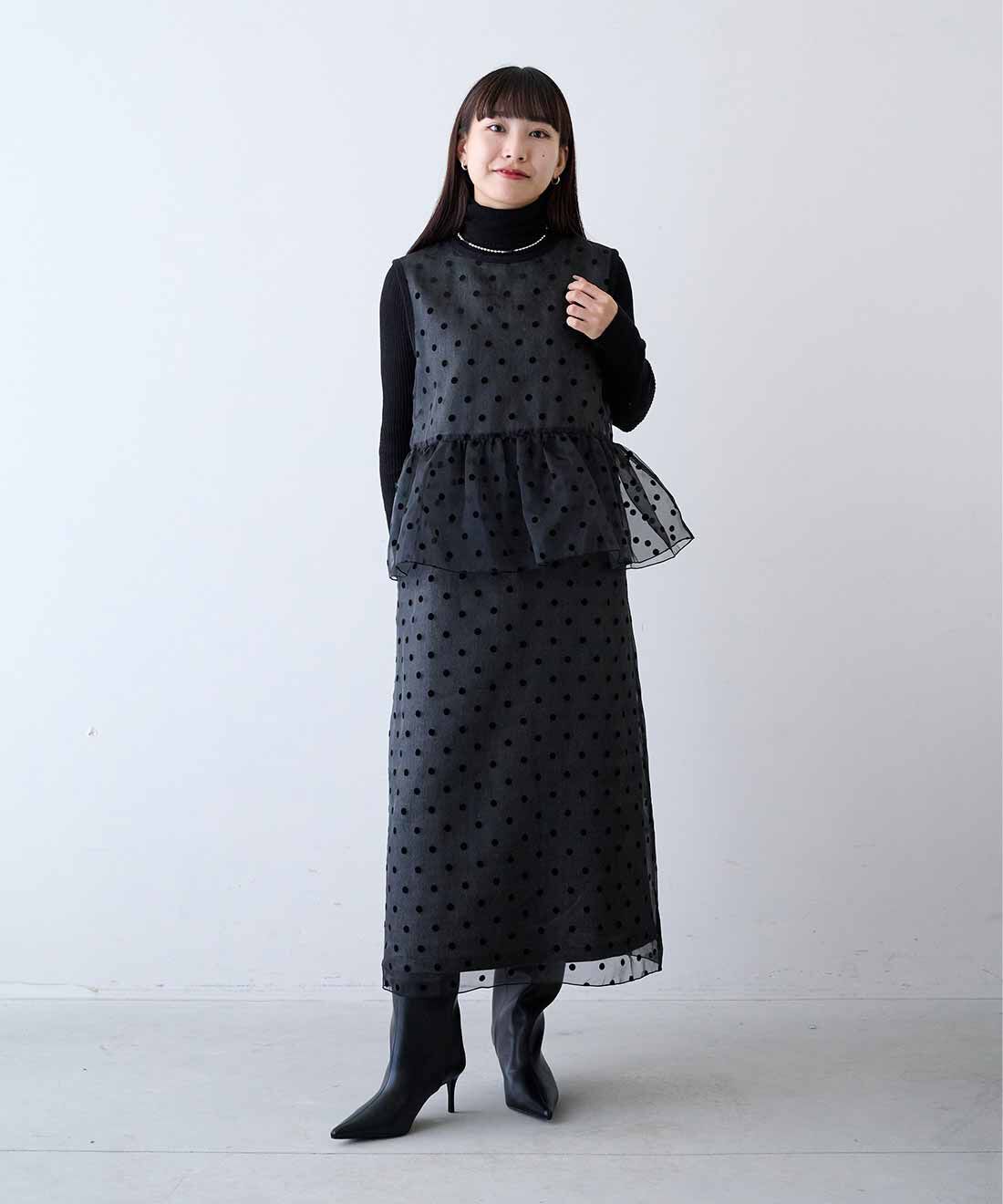 MEDE19F|MEDE19F　ドットオーガンジー&times;ツイード レイヤードドレス〈ブラック〉|モデル身長：158cm　着用サイズ：M