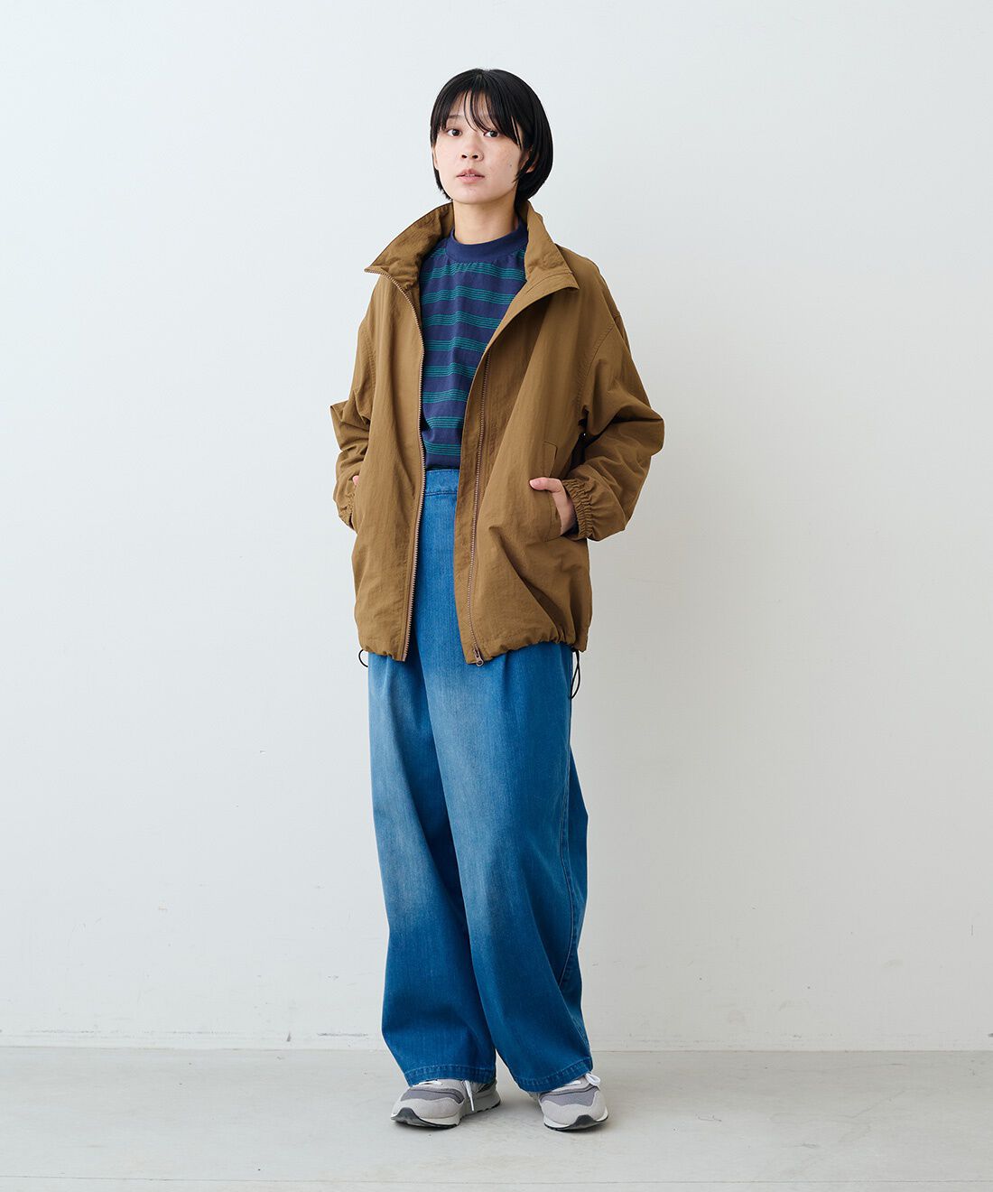 THREE FIFTY STANDARD|ラップ デニム ワイドパンツのコーディネート|モデル身長：163cm 着用サイズ：M