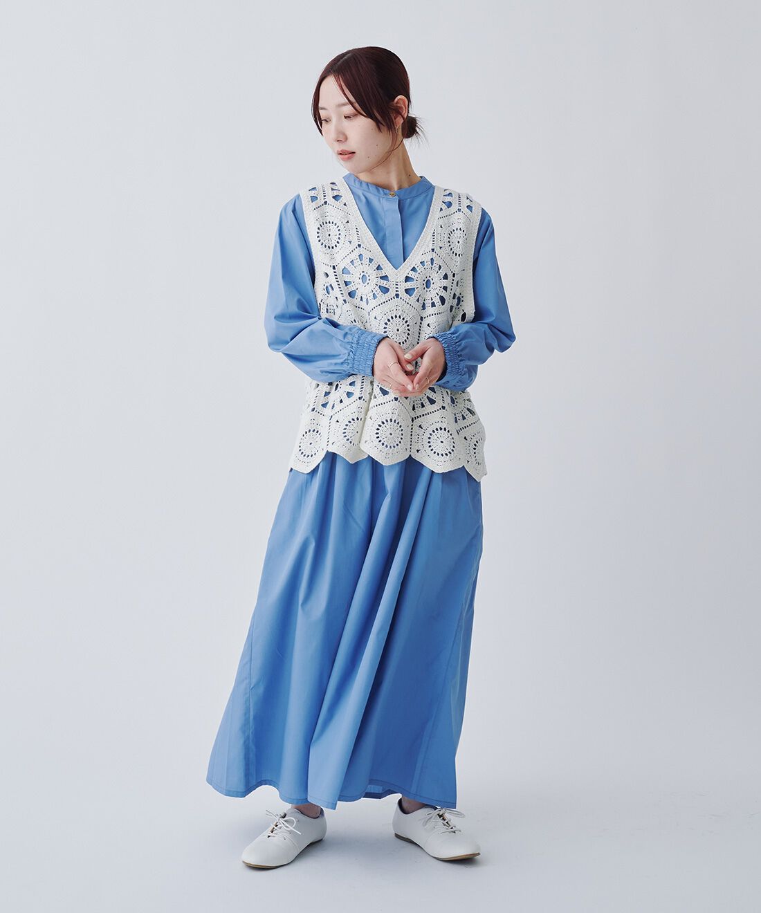 Live in  comfort|栞里ちゃんとつくった長袖ドラマＯＰ〈ＢＬ〉のコーディネート|【着用サイズ】ワンピース：MP　ベスト：MP